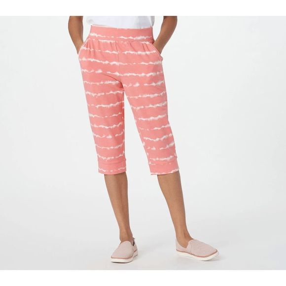 AnyBody Cozy Knit French Terry Printed Ultra Crop Pant Tie Dye Coral Choose Size - Picture 1 of 6